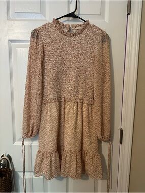 ILLA ILLA Cream and Pink Floral Ruffle-Neck Long Sleeve Dress